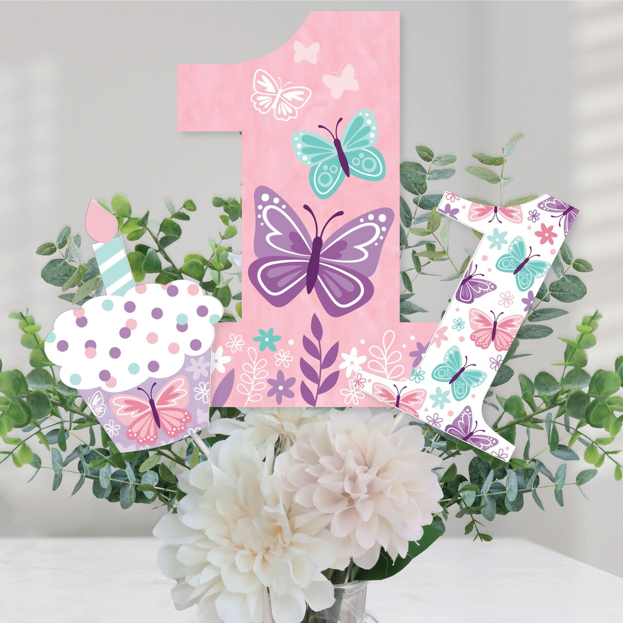 Big Dot of Happiness 1st Birthday Beautiful Butterfly - Floral First Birthday Party Centerpiece Sticks - Table Toppers - Set of 15